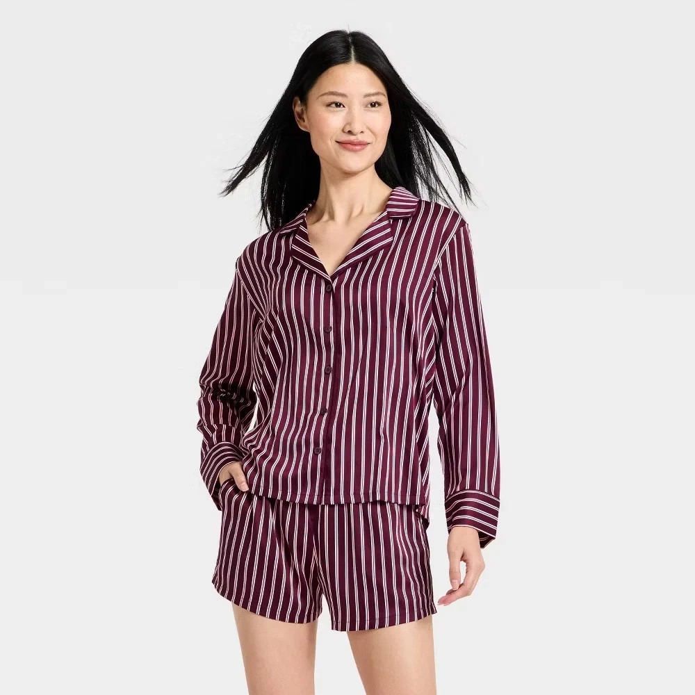 Auden Women's Luxury Satin Notch Collar L/S Mulberry Shirt and Shorts Open Box L